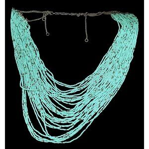 Multilayer Turquoise And Silver Tone Glass Beaded Necklace